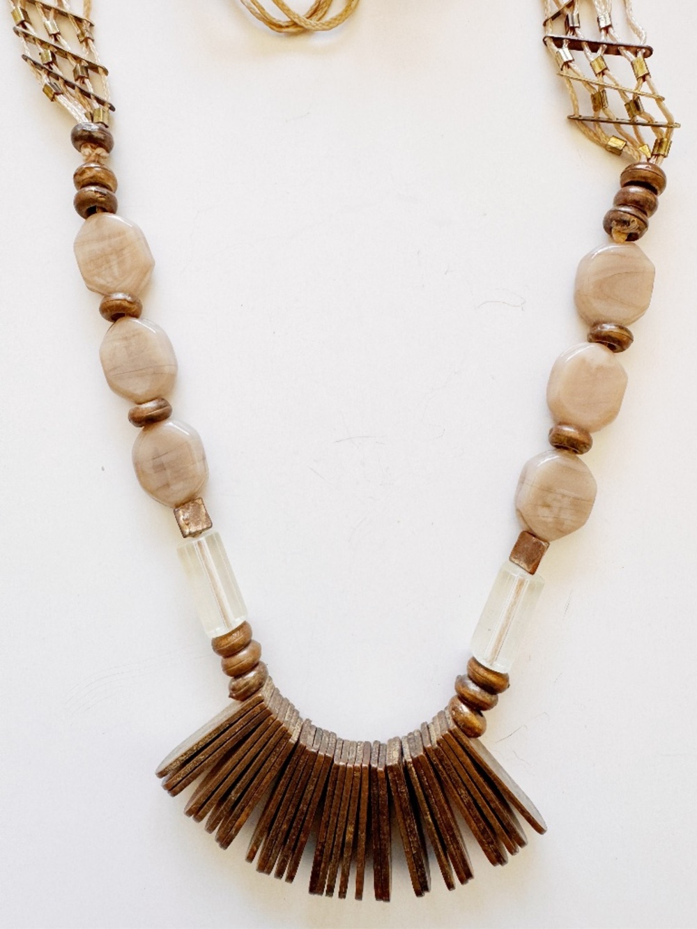 Vintage Boho Tribal Wood Bead Fringe Necklace Multi Strand Cord Statement Bib